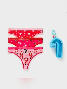 New Packed Party Women's Candy Cane Gift Christmas 3-Pack Thong Panties Size L